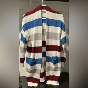 Blue red and gray stripped long sweater/duster